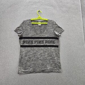 PINK Victoria's Secret Women Shirt L Gray Striped V-Neck Pullover